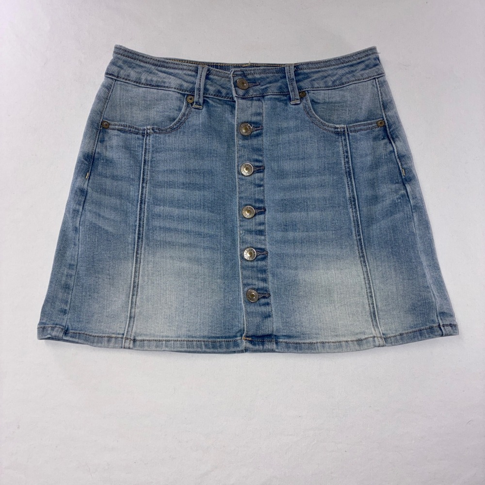 403 American Eagle Hi-Rise A-Line Skirt 4 Blue Button Front Super Stretch Denim